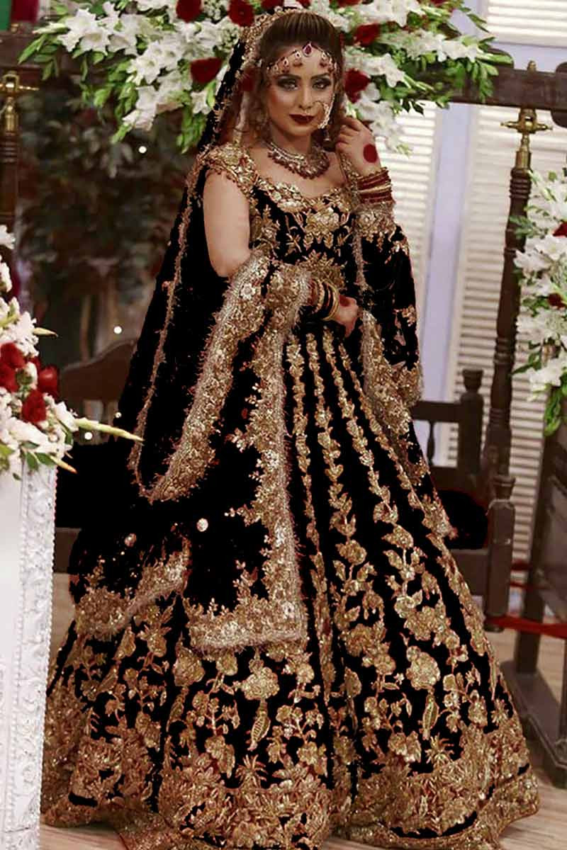 Black Velvet A Line Bridal Wear Embroidered Lehenga
