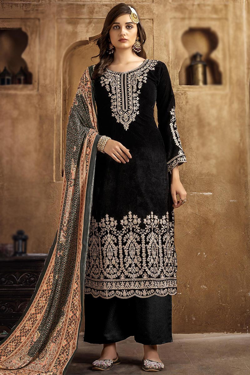 Palazzo Suits : Black velvet embroidery work party wear palazzo