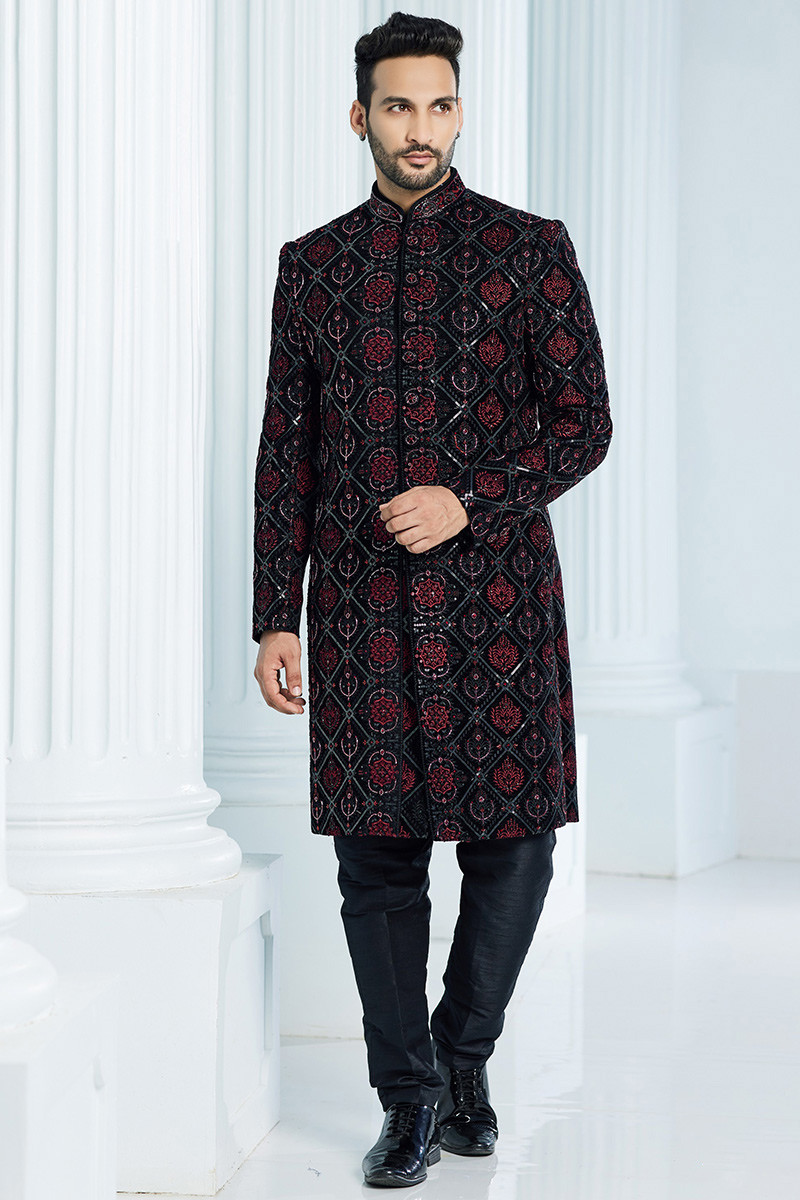 Black Velvet Embroidered Men s Sherwani For Pakistani Wedding MSTV03217