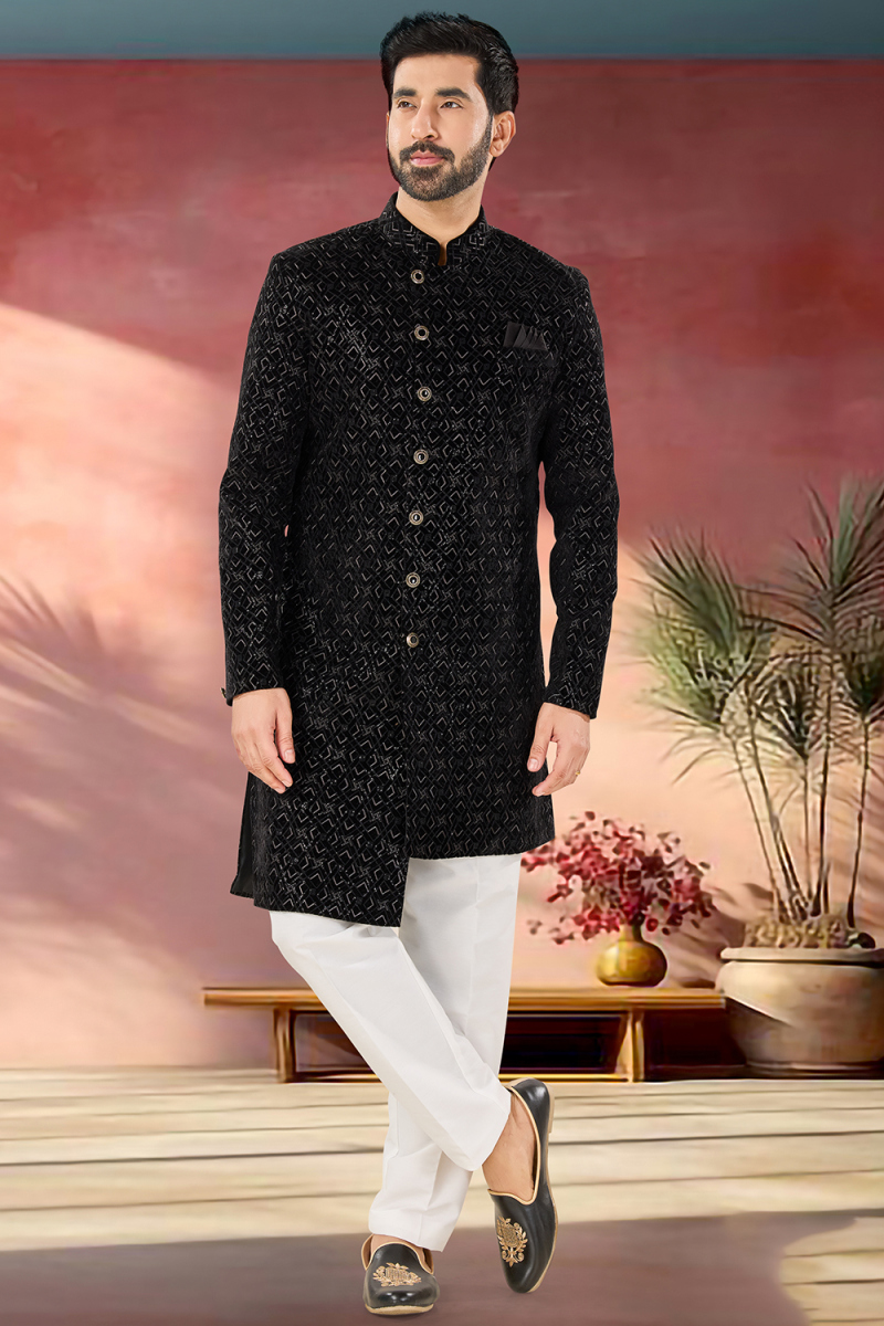 Black Velvet Embroidered Straight Cut Men's Sherwani 