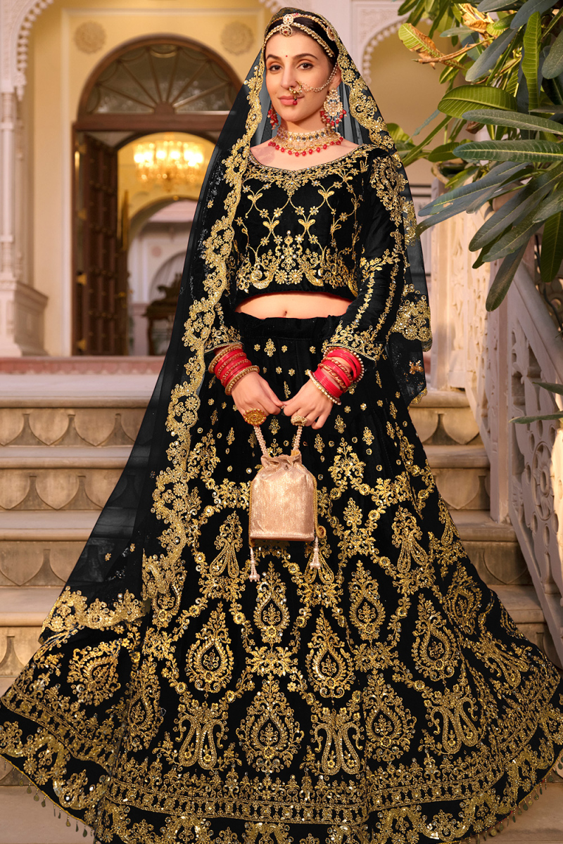 Black Velvet Lehenga with Zari & Mirror Embroidery