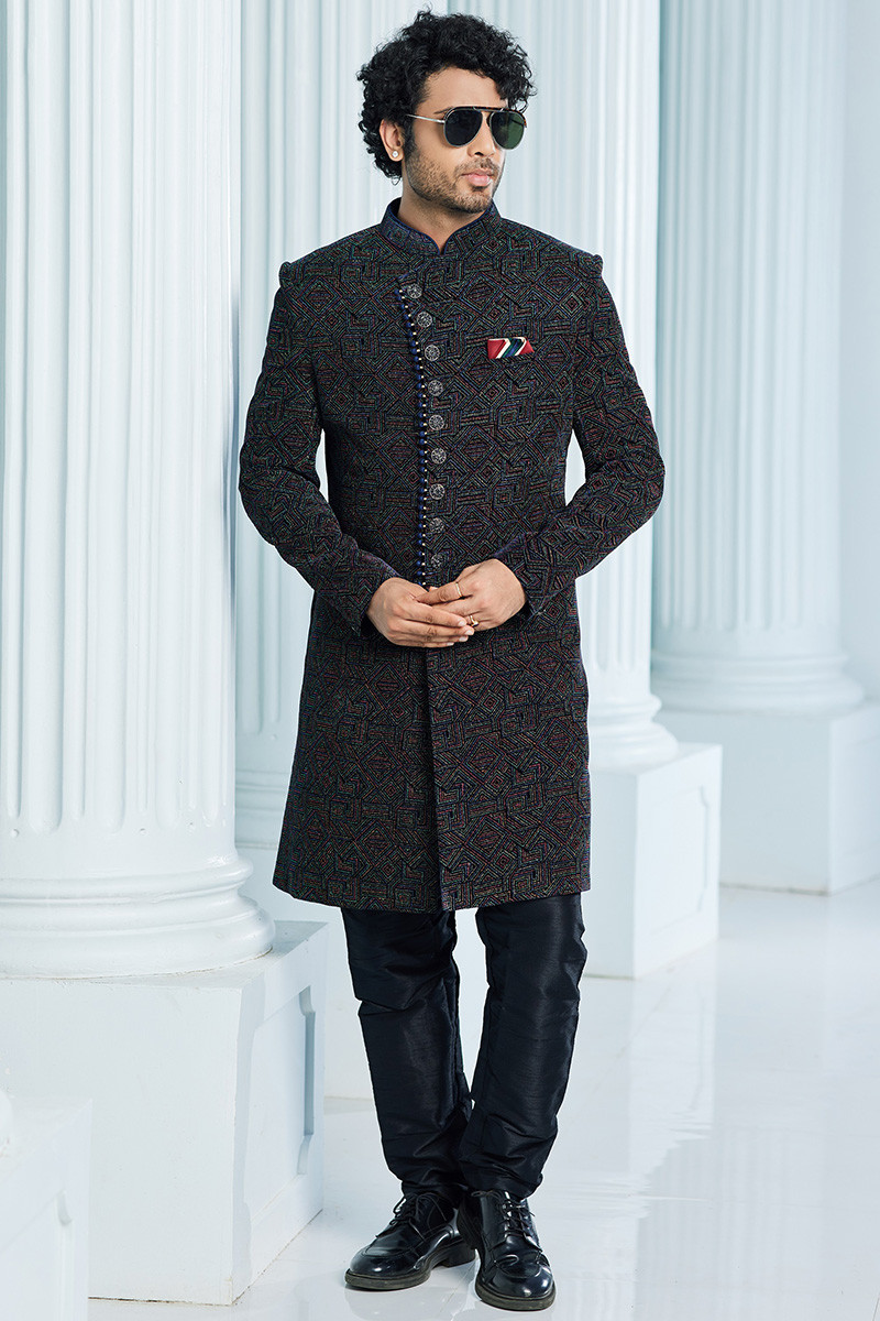 Black Velvet Zari Embroidered Men s Sherwani For Sangeet MSTV03218