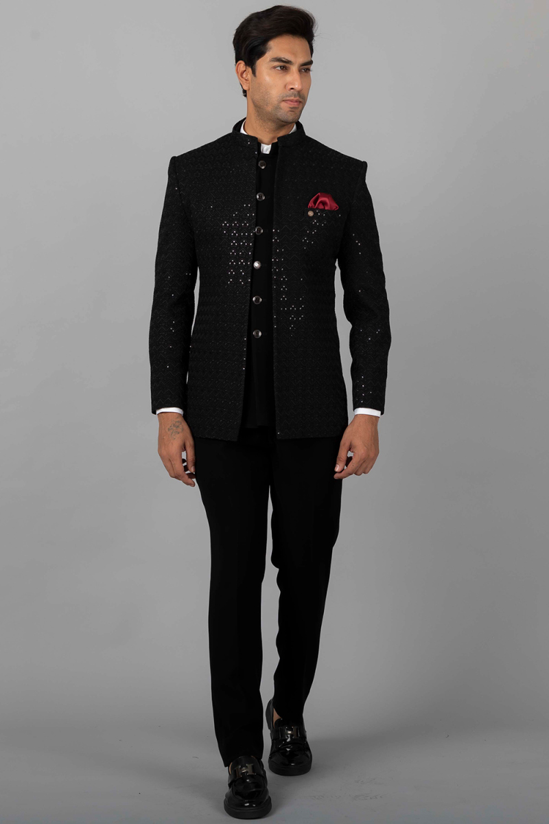 Black Viscose Sequins Embroidered Jodhpuri Style Men's Coat Pant