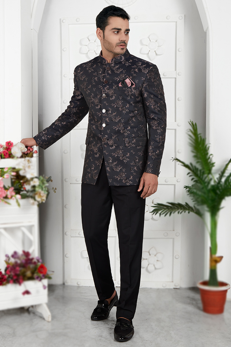 Black Weaved Thread Silk Jodhpuri Style Men's Coat Pant