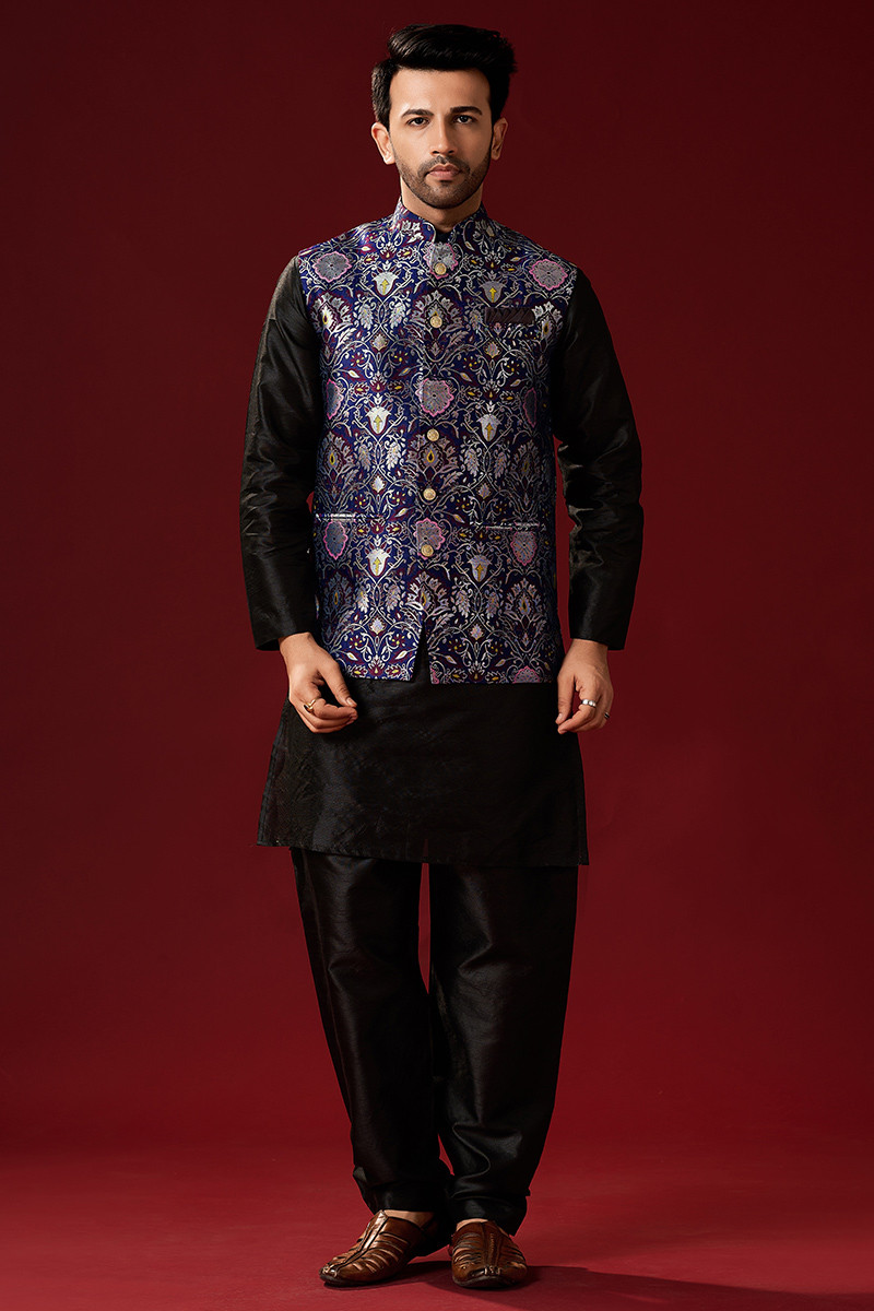 Black Weaved Zari Silk Men Kurta Salwar With Waist Coat