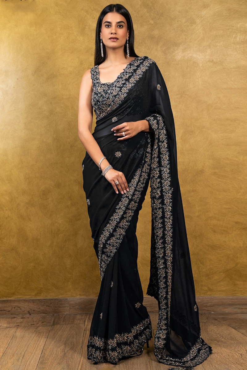 Black Zari Embroidered Georgette Saree For Sangeet SARV166655