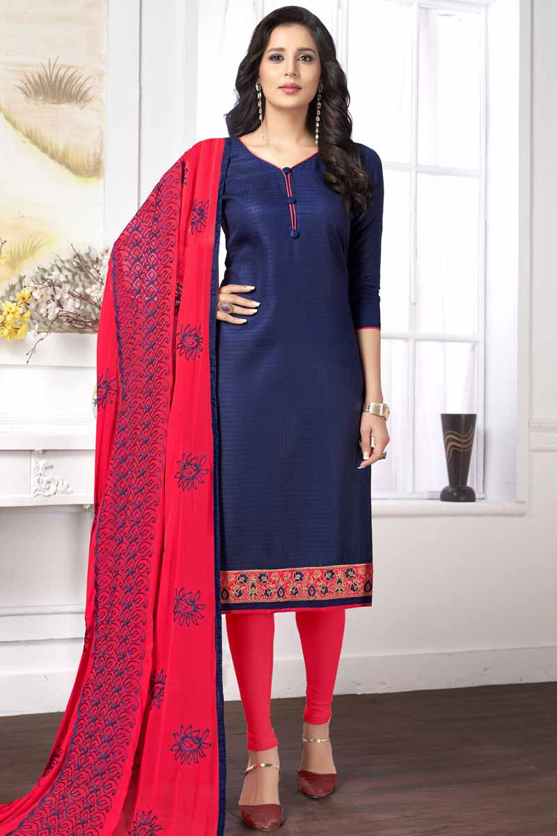 Blue Cotton Embroidered Churidar Suit