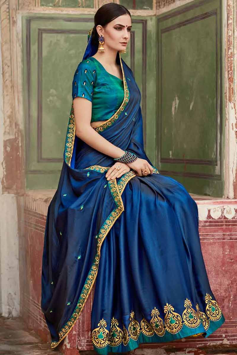 Peacock Blue Embroidery and Sequins Work Saree in Art Silk