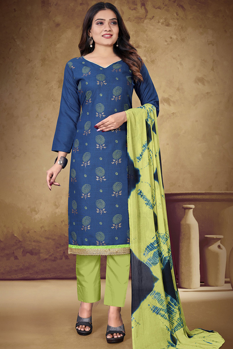 Cotton Blue Printed Casual Wear Trouser Suit