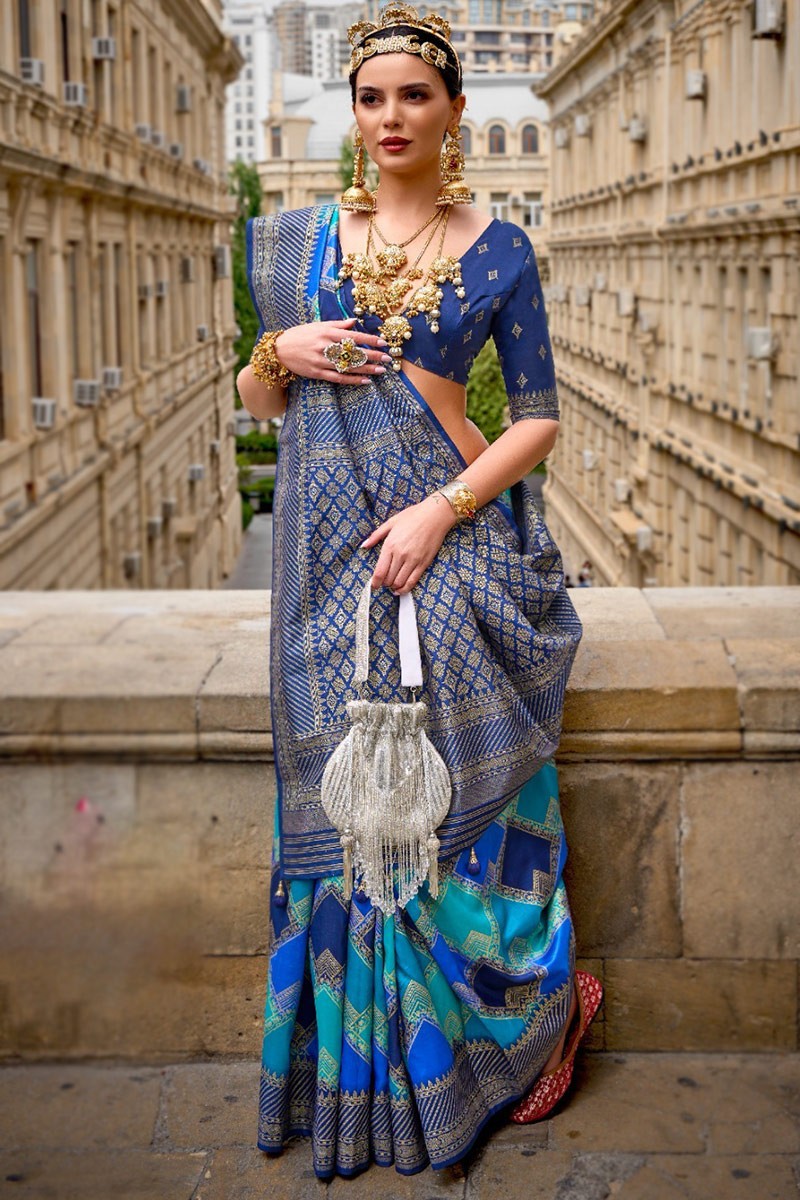 Blue Foil Printed Silk Broad Border Saree