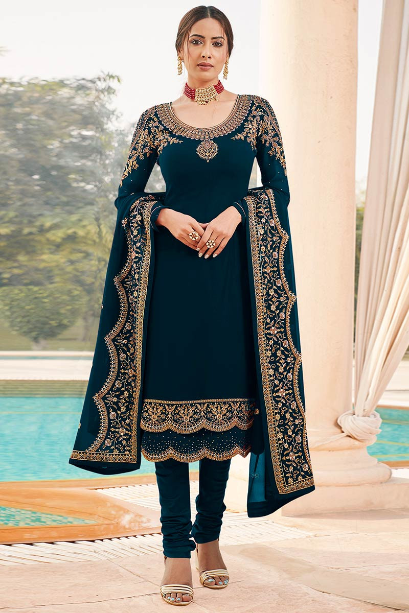 Blue Georgette Straight Cut Churidar Suit