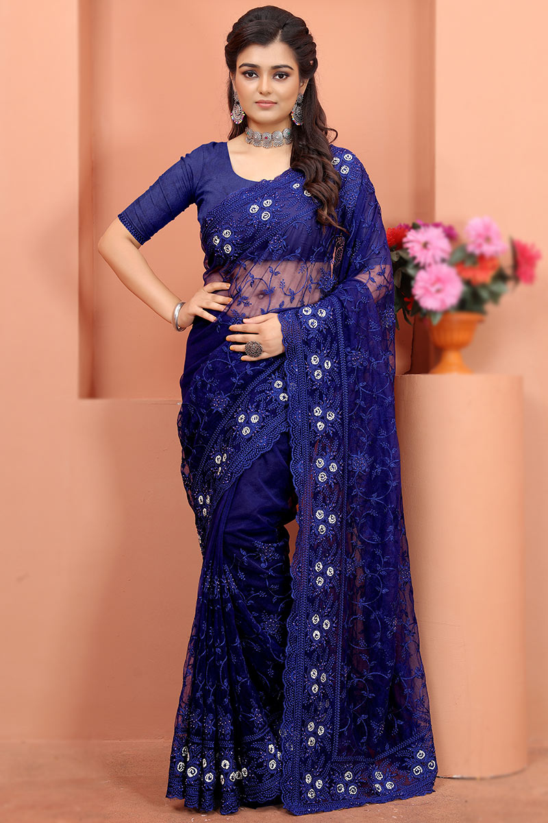 Net Blue Party Wear Saree with Resham embroidery