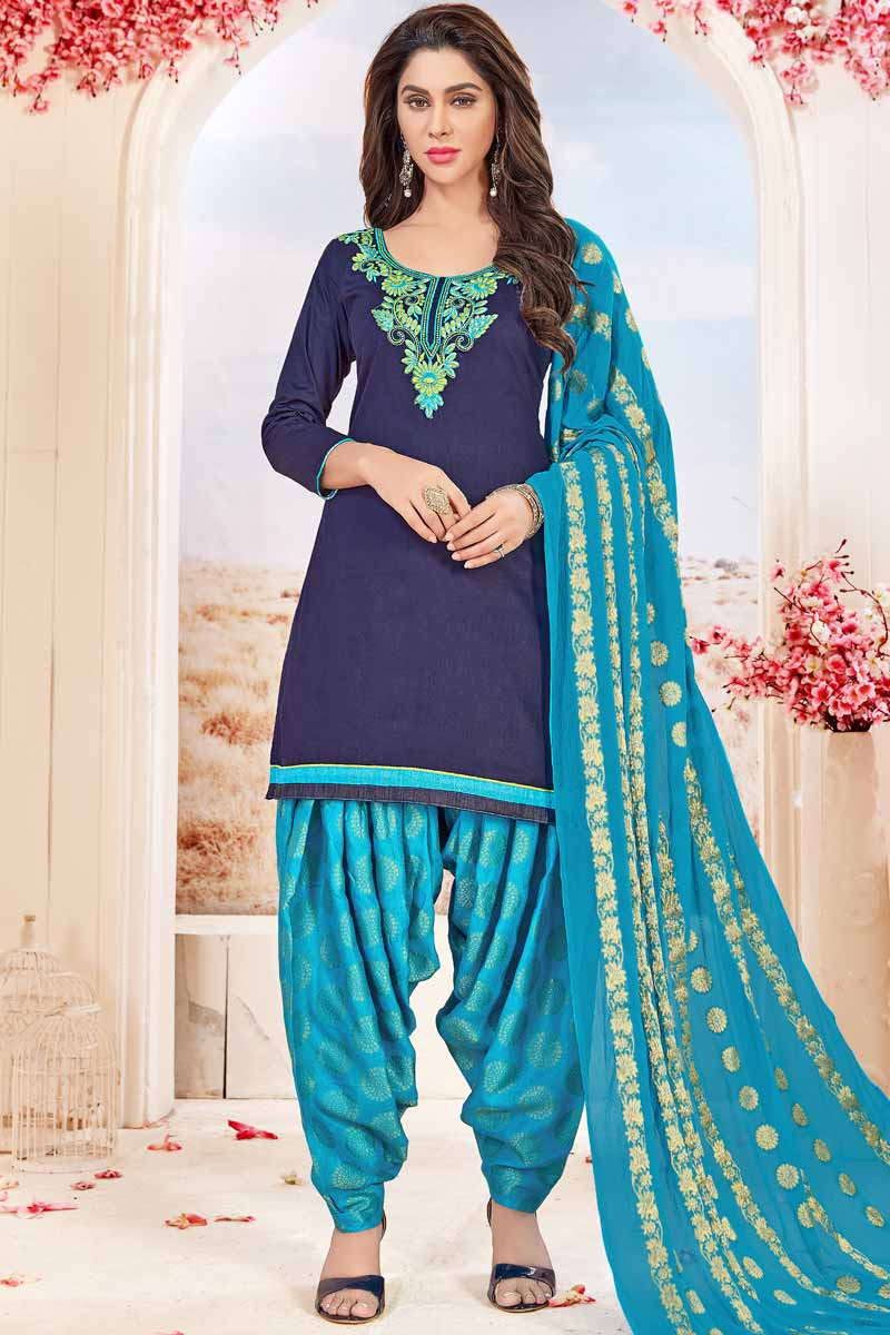 Hand Embroidered Cotton Blue Patiala Suits