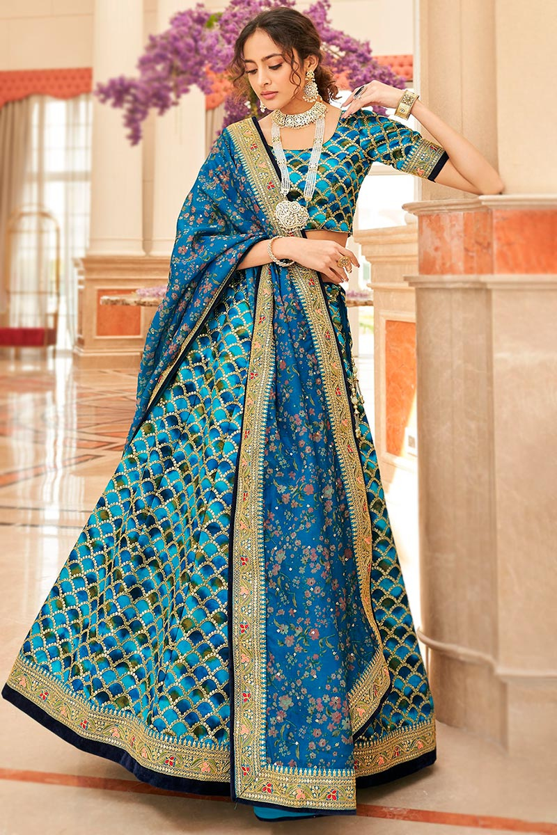 Blue Printed Art Silk Lehenga Choli With Embroidered 