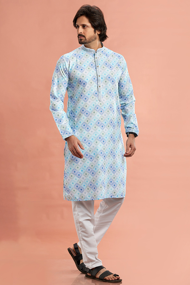 Blue Printed Cotton Men s Kurta Pajama For Sangeet MKPA06810