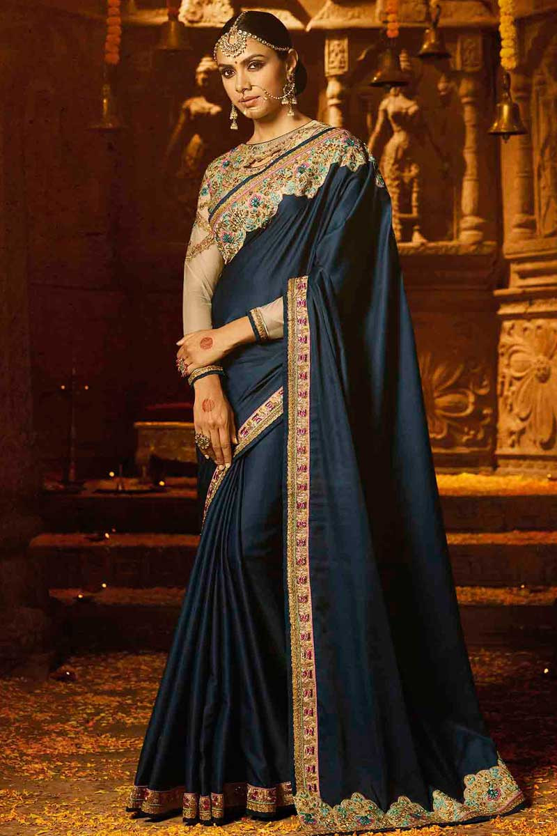 Denim Blue Handloom Woven Satin Silk Saree - Clothsvilla