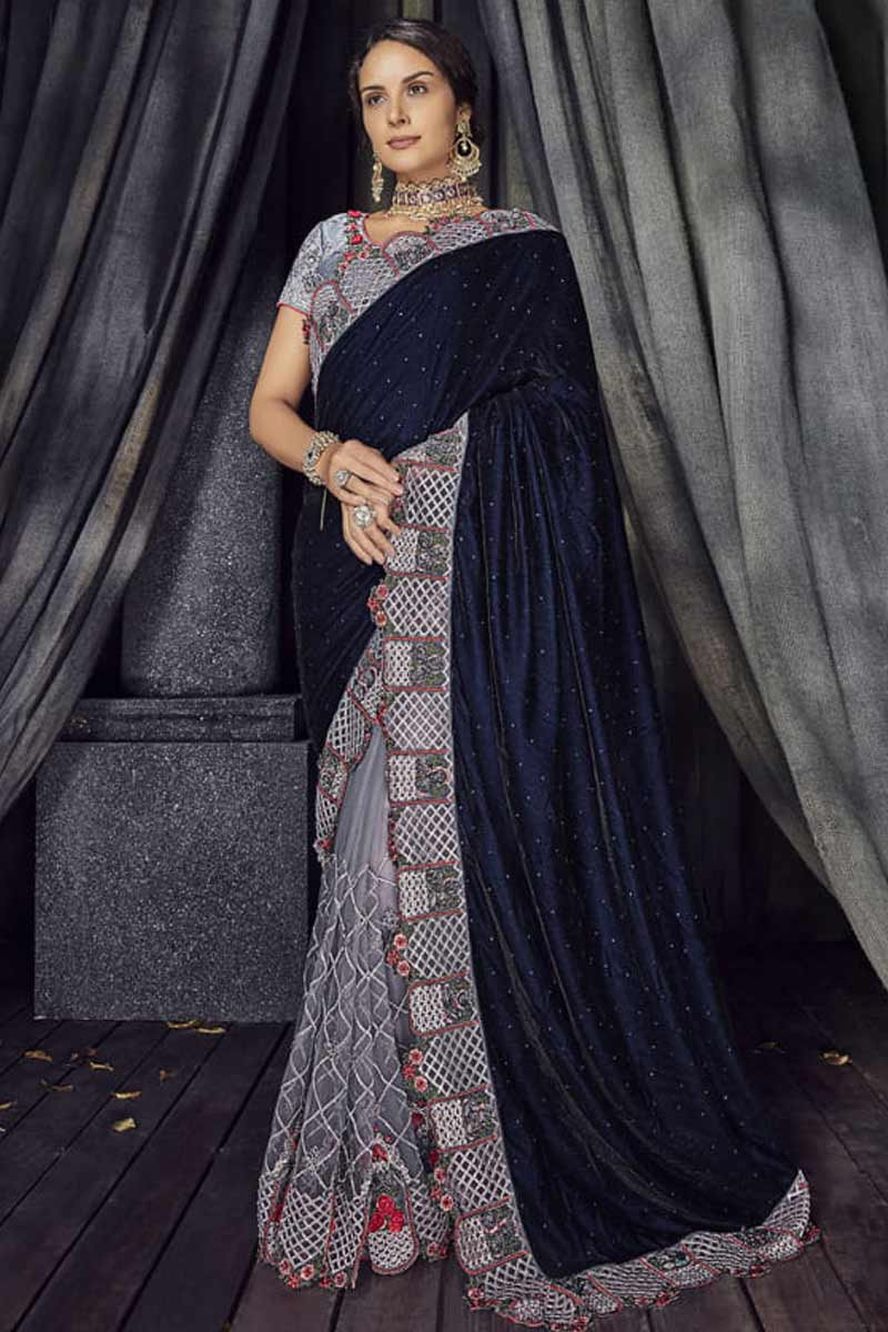 Andaaz boutique collection, Navy Blue Velvet And Net Saree