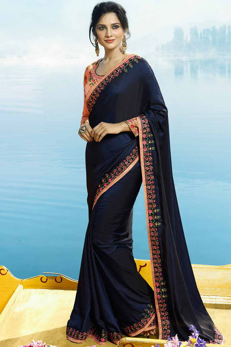 Peach and new arrivals navy blue saree