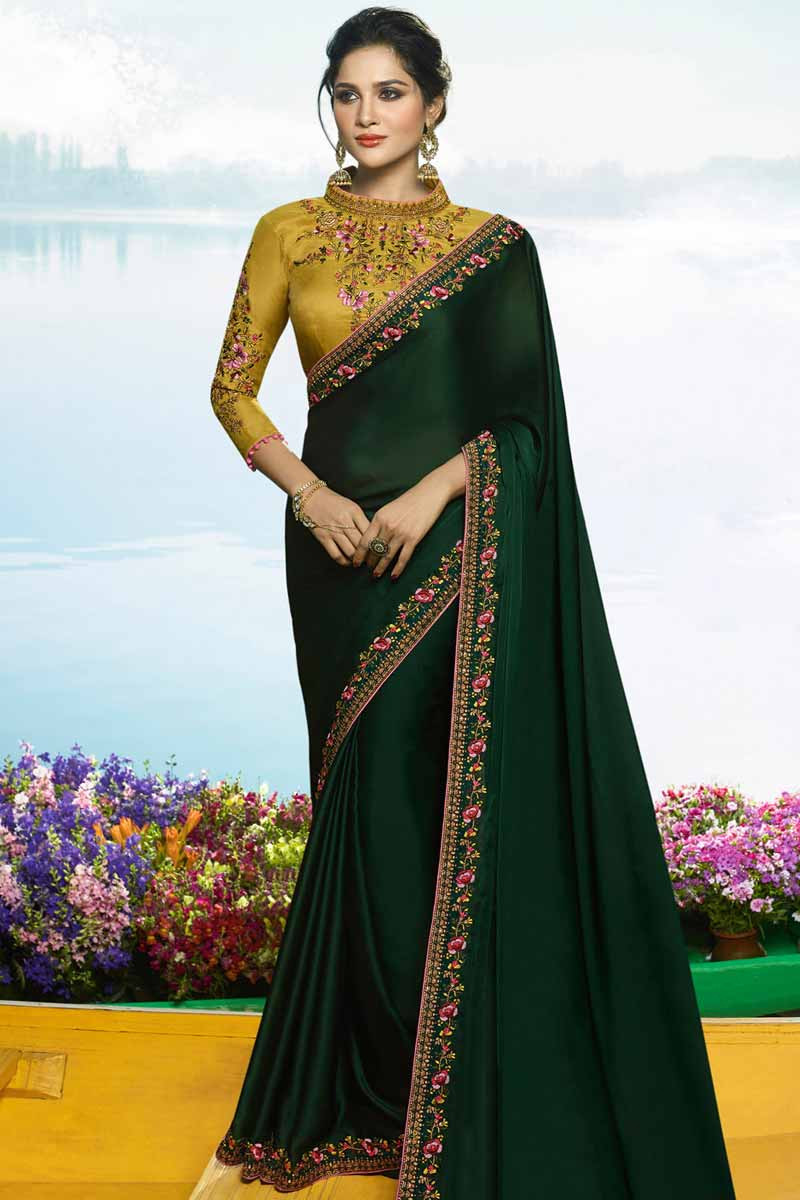 Green Saree Blouse Combination | saree in silk quality fabric