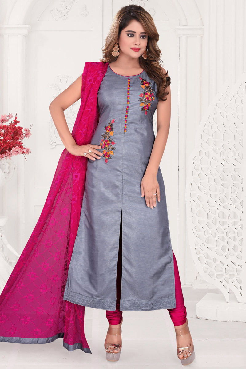 Diwali Collection Bluish Grey Churidar Suit With Patch Work LSTV09938