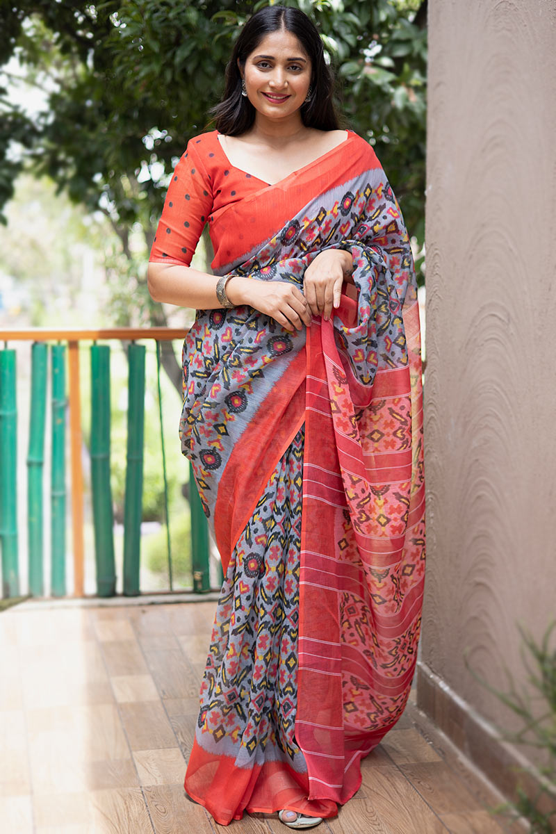 Bluish Grey Handloom Linen Saree for Party 