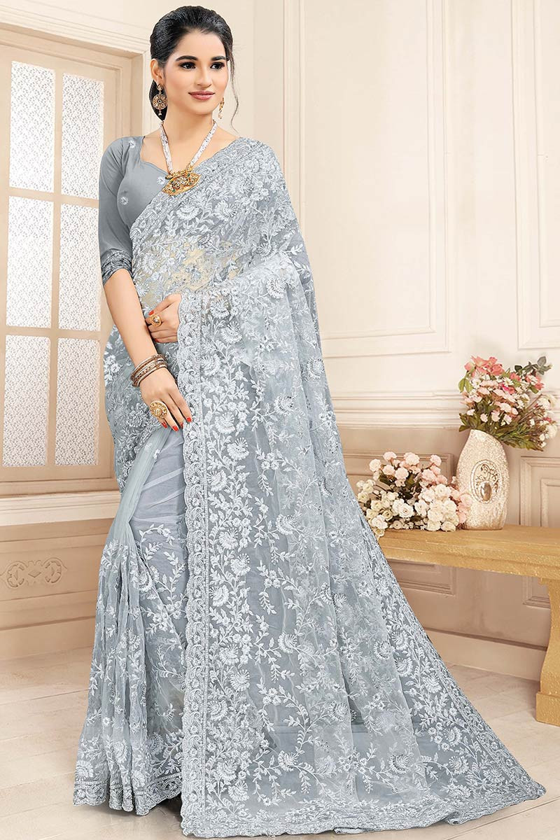 Party wear net embroidered saree top