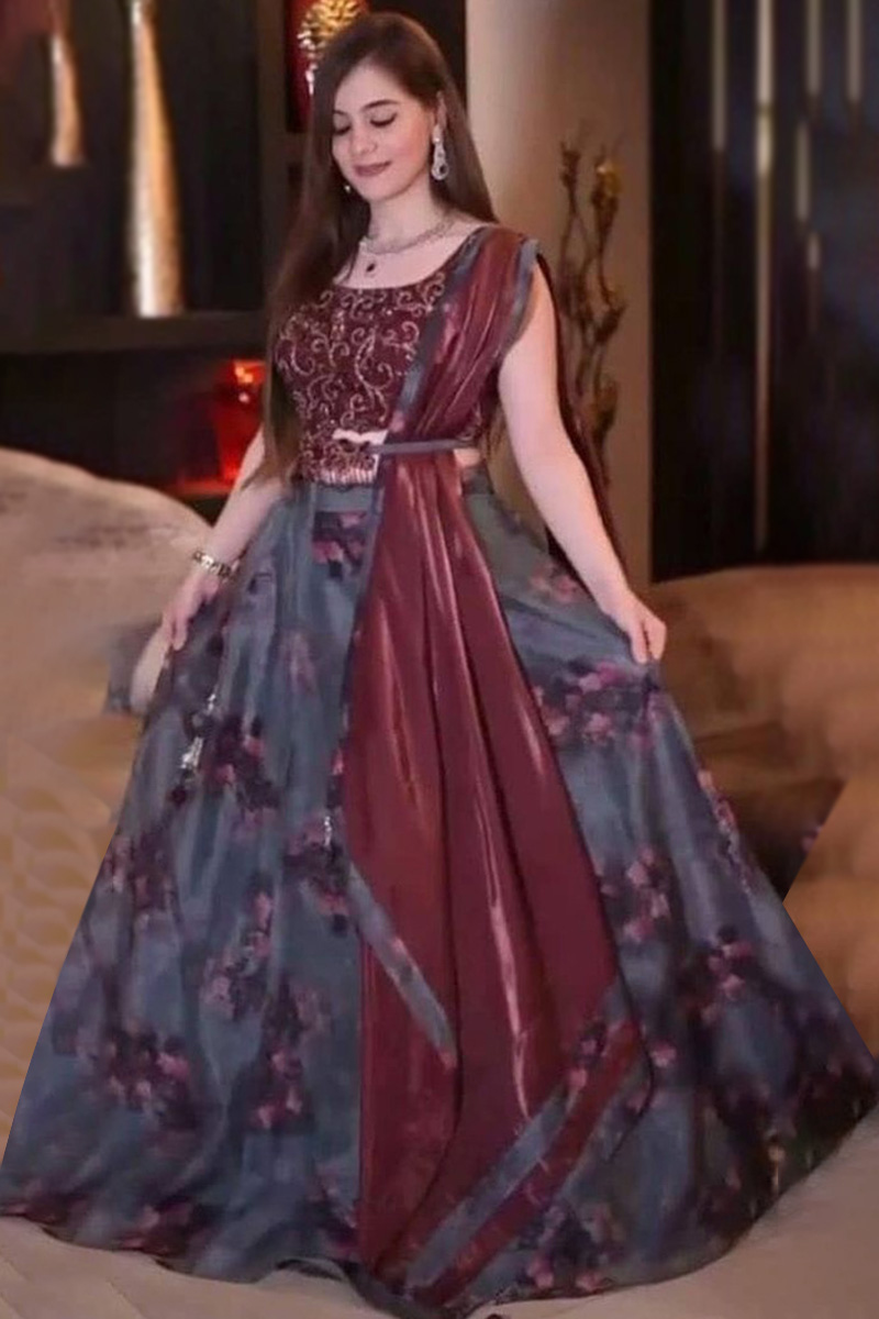 Bluish Grey Organza Printed Lehenga for Wedding & Party
