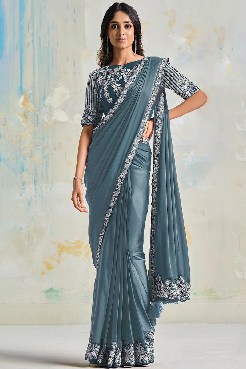 Bluish Grey Satin Crepe Lace Embroidered Fancy Saree