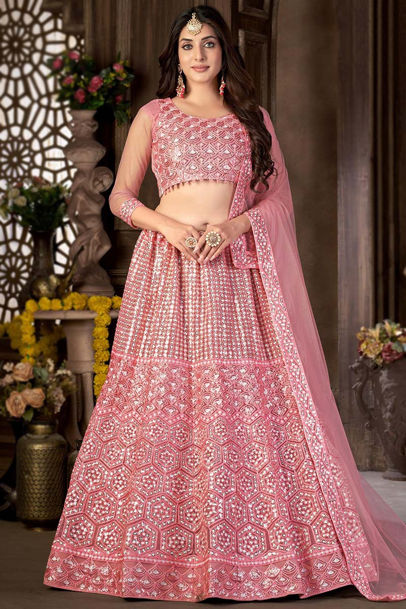 Blush Pink Net Embroidered A Line Lehenga