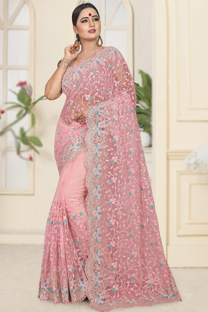 Blush Pink Resham Embroidered Net Heavy Saree