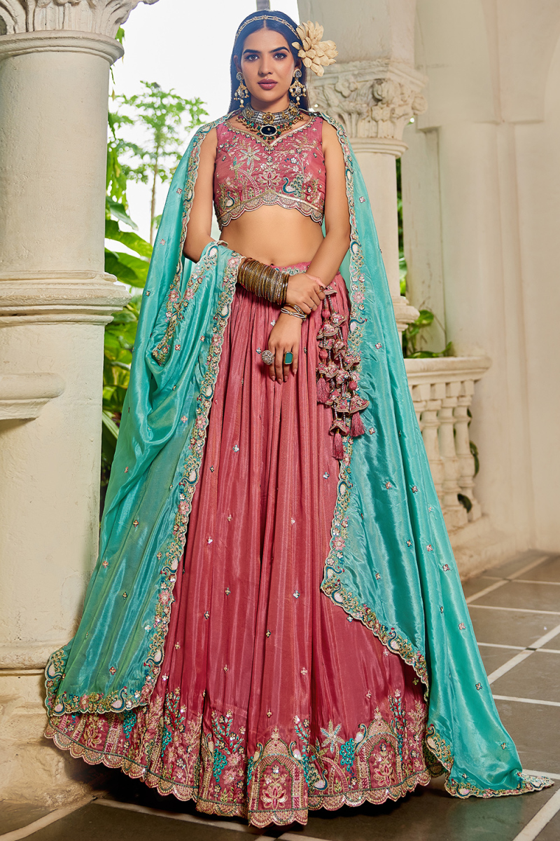 Blush Pink Satin Embroidered Lehenga For Wedding