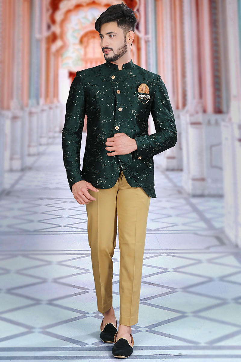 Polished Bottle Green and Gold Silk Wedding Jodhpuri Printed Indian Suit  Set for Men at Amazon Men's Clothing store