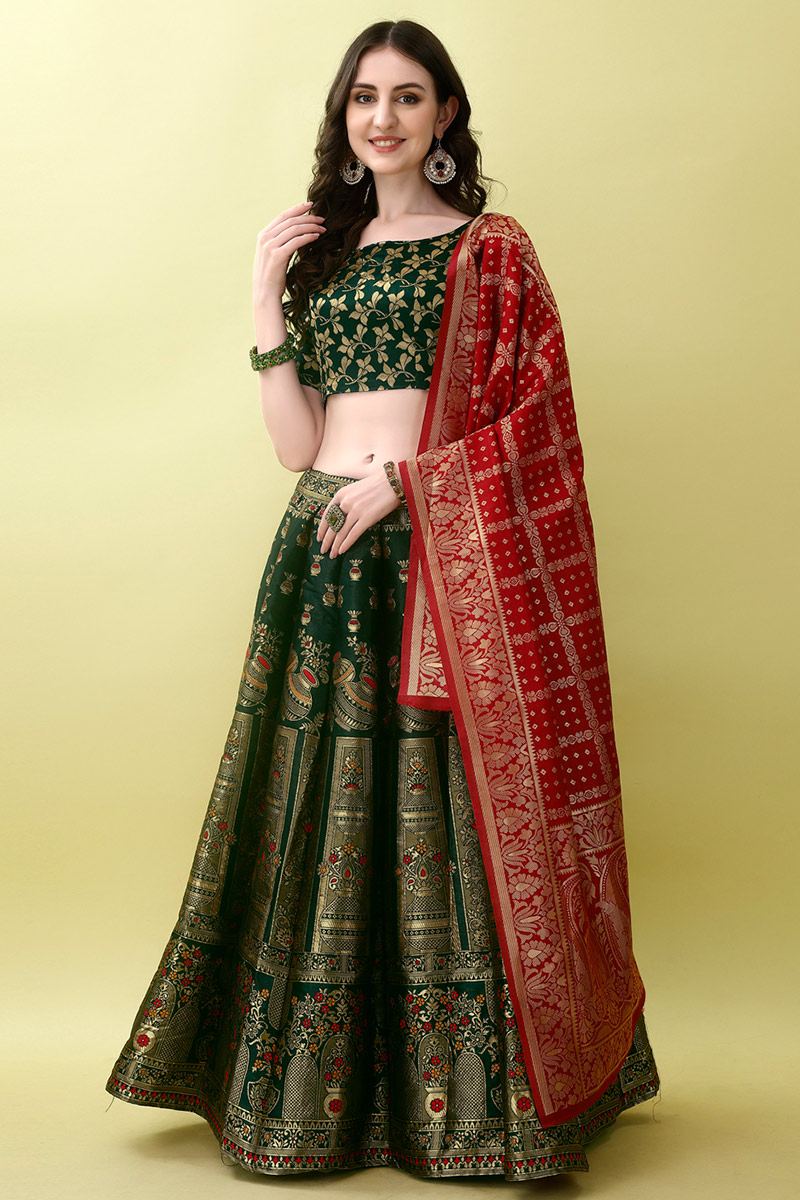 Bottle Green Art Silk Weaved Thread Panelled Style Lehenga