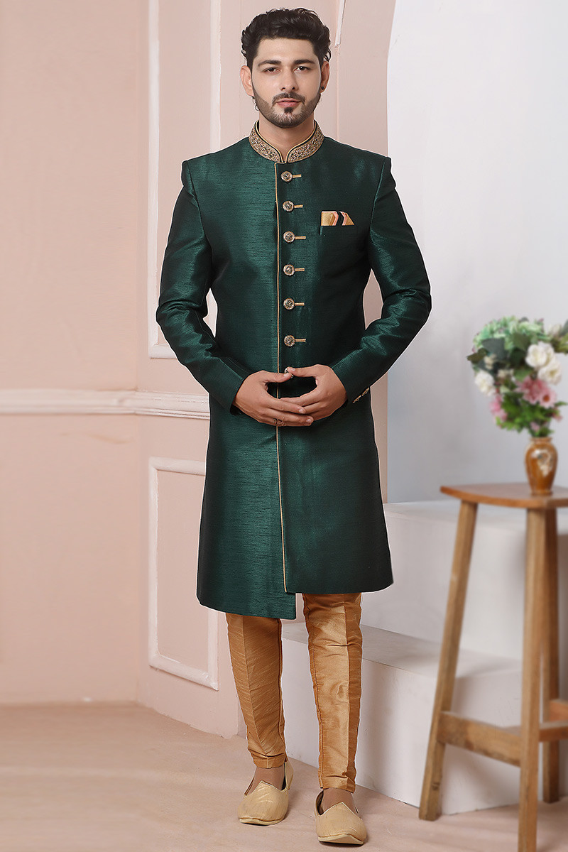 Asymmetric Men Sherwani in Banarasi Silk Bottle Green for Wedding