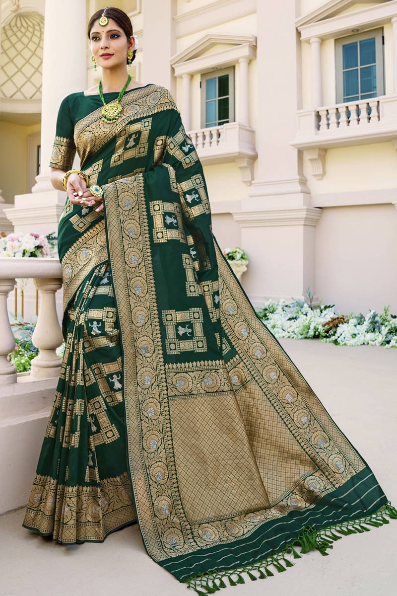 Dark Green Banarasi Silk Saree – GlamRoad