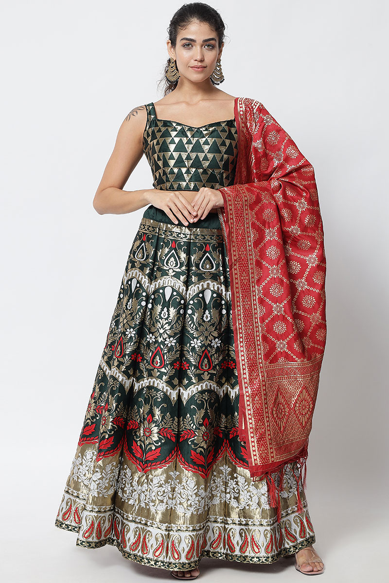 Bottle Green Silk Lehenga with Red Dupatta