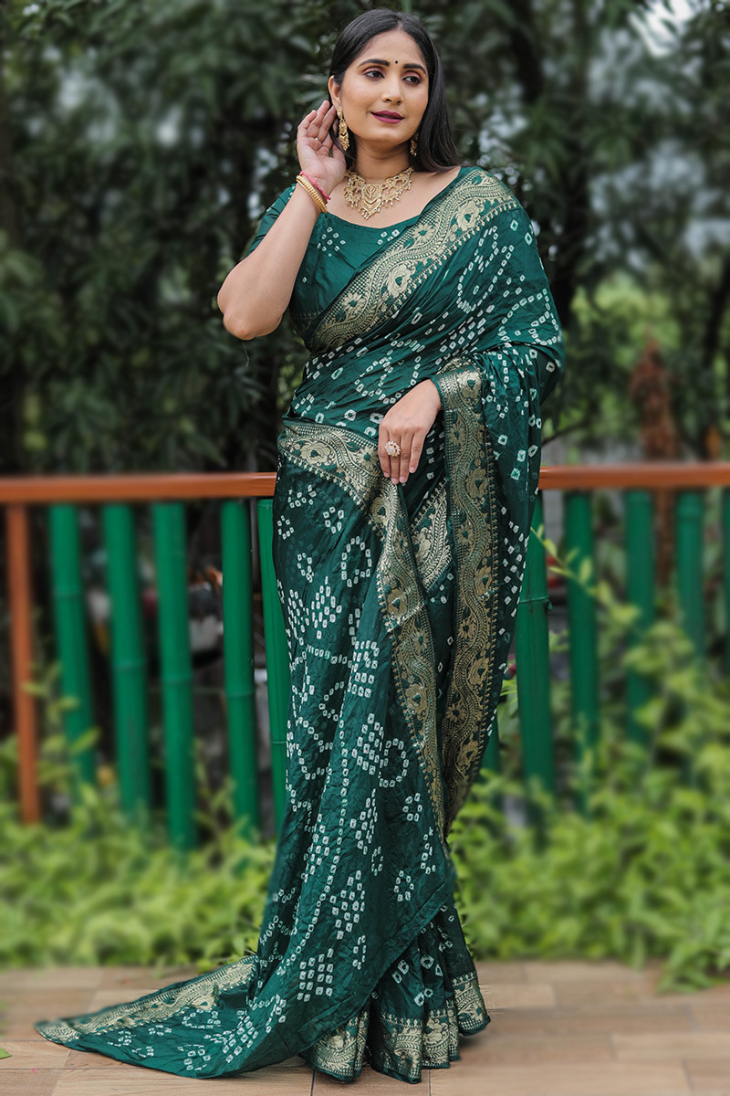 Buy Art Silk New Bandhani Saree Green at Rs. 949 online from Surati Fabric  designer sarees : SF-CC-Patta pallu-2