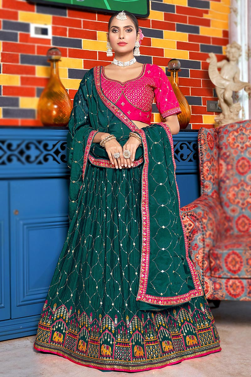 Bottle Green Chinnon Embroidered Crushed Lehenga
