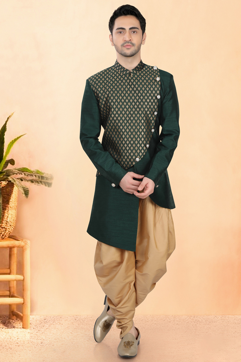 Bottle Green Cotton Silk Men's Sherwani with Woven Work for Wedding