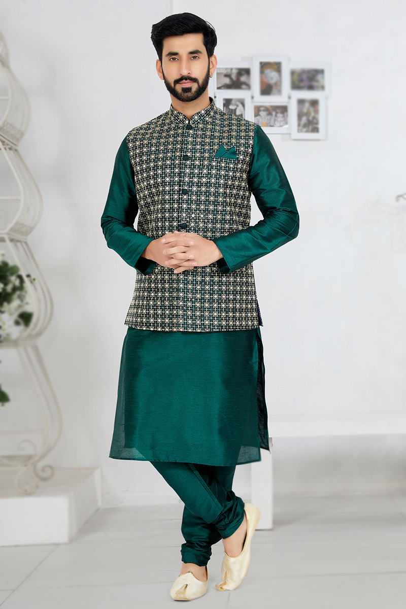 Bottle Green Dupion Silk Jacket Style Traditional Men s Kurta