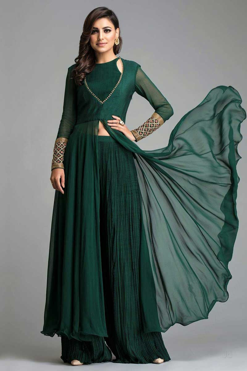 Buy Bottle Green Georgette Anarkali Suit With Palazzo Online - LSTV03440