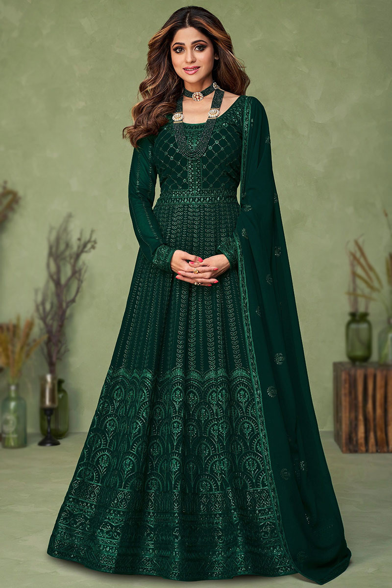 Dark Green Exquisite Designer Partywear Butterfly Net Anarkali Suit –  Fashionfy