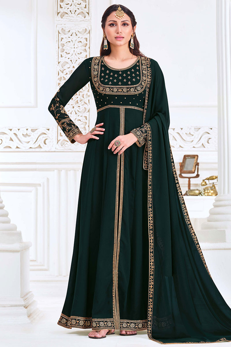 Bottle Green Georgette Front Slit Eid Anarkali Suit