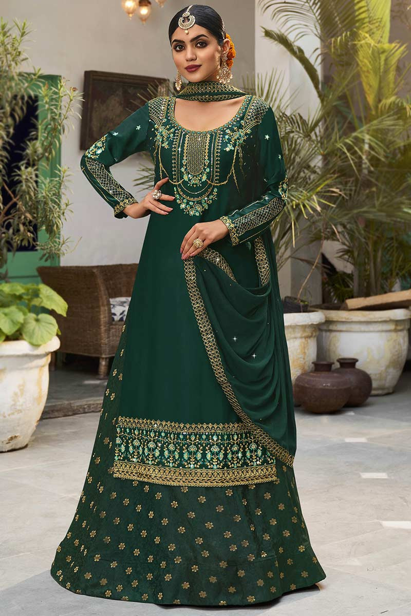 Wedding/Reception Long Trail lehenga Indian Bollywood Green Golden  Embroidery | eBay