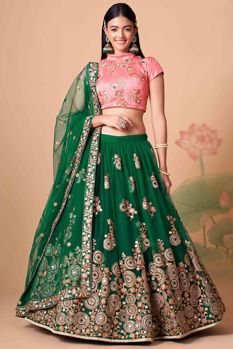 Net Lehenga with Dori Embroidery in Bottle Green for Party 
