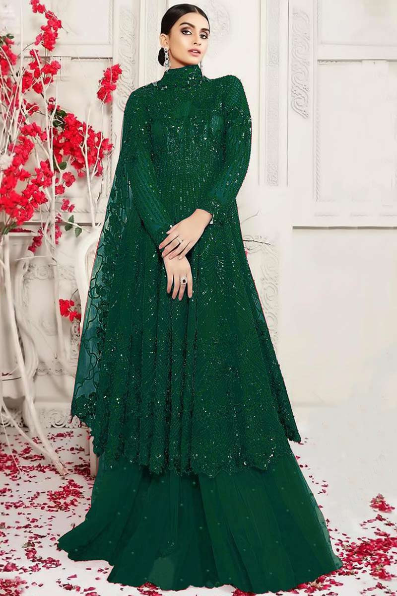 Buy Bottle Green Sequins Embroidered Gown At Ethnic Plus