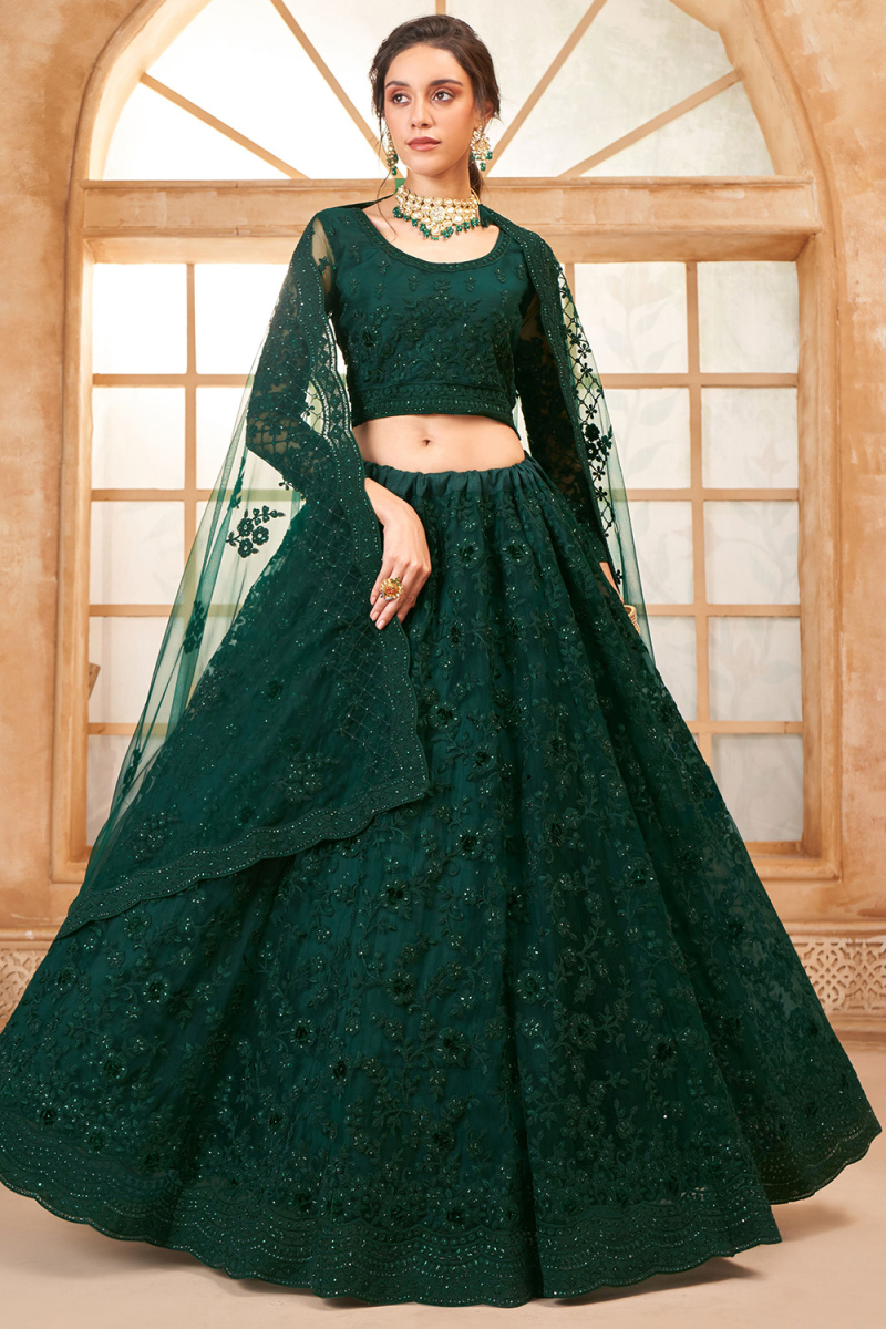 Bottle Green Net Stone Embellished Panelled Style Lehenga