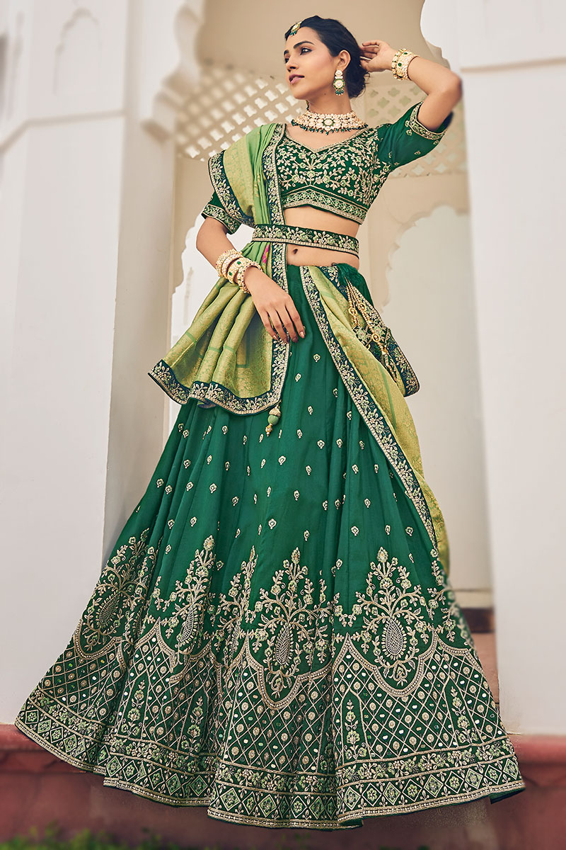 Bottle Green Resham Embroidered Viscose Panelled Style Lehenga