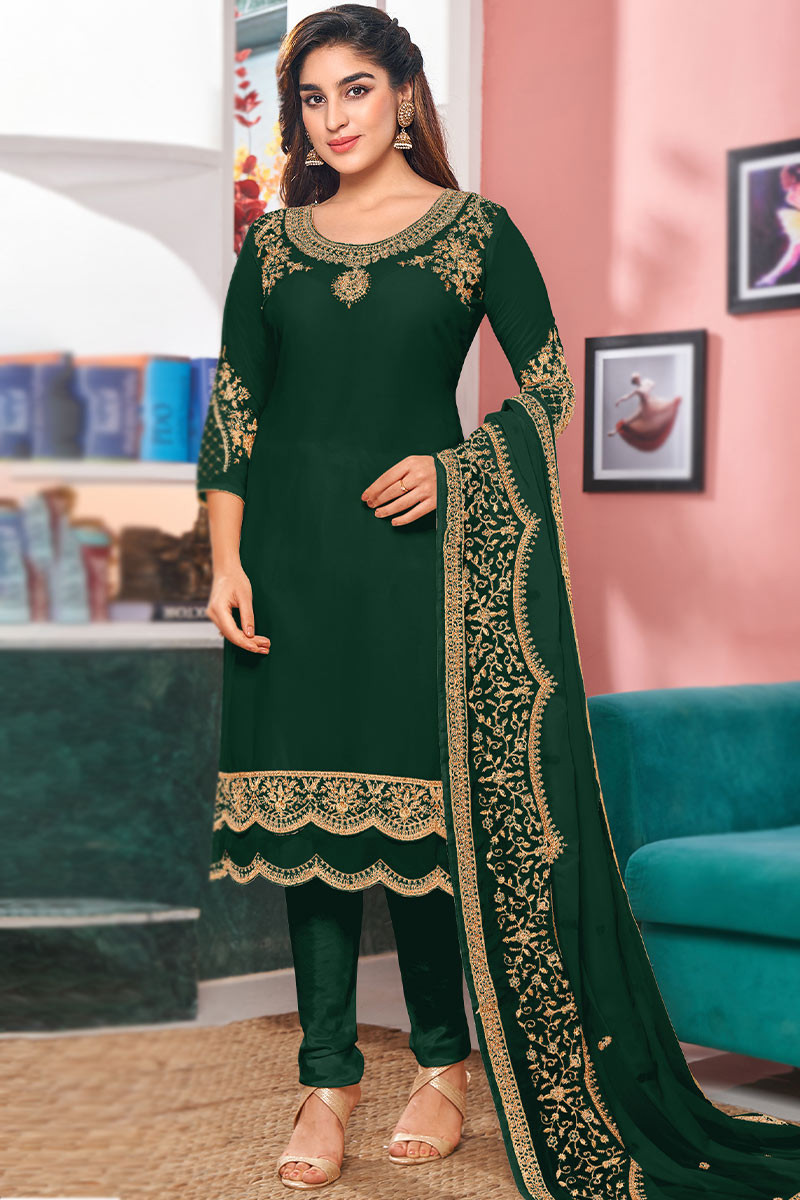 Embroidered Georgette Scalloped Straight Suit in Dark Green : KCH8034