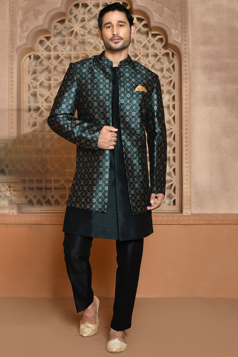 Bottle Green Silk Jacket Style Men Sherwani
